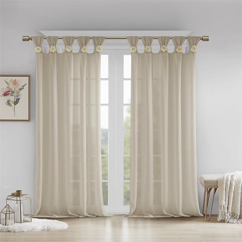 Madison Park Rosette Faux Linen Fabric Floral Cuff Tab Top Window Panel in Cream