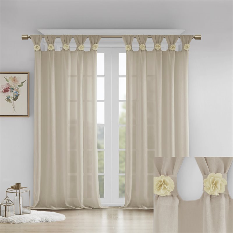 Madison Park Rosette Faux Linen Fabric Floral Cuff Tab Top Window Panel in Cream