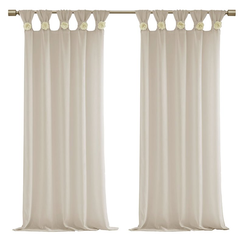 Madison Park Rosette Faux Linen Fabric Floral Cuff Tab Top Window Panel in Cream