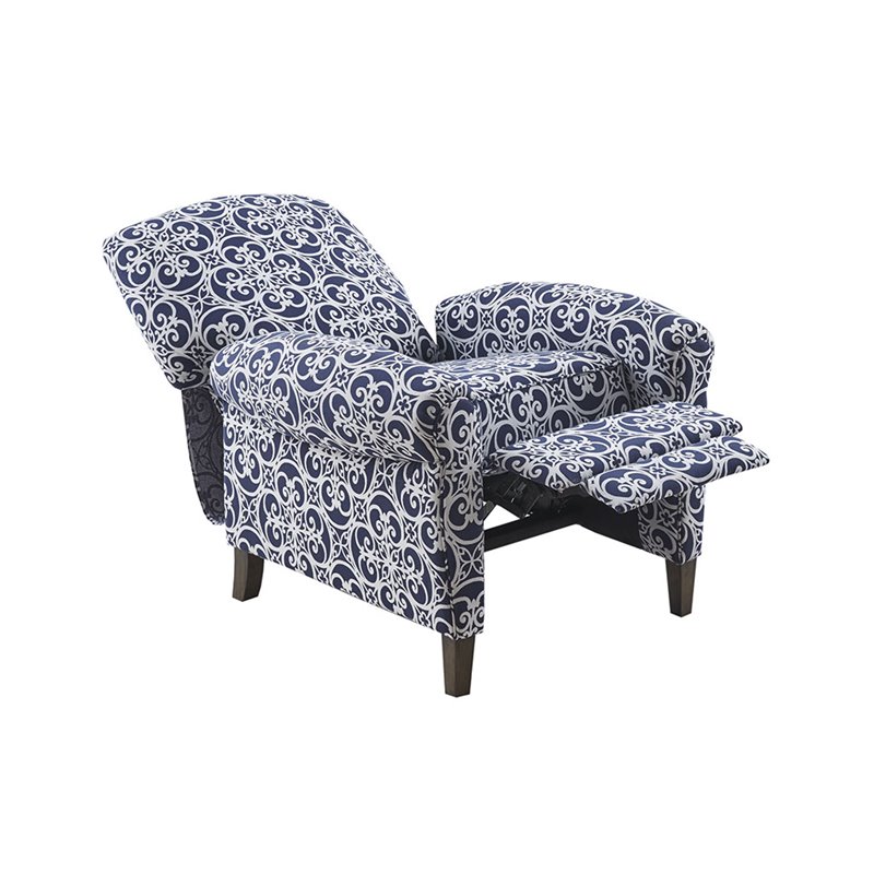 Madison Park Kirby Polyester Fabric and Solid Wood Push Back Recliner in Navy