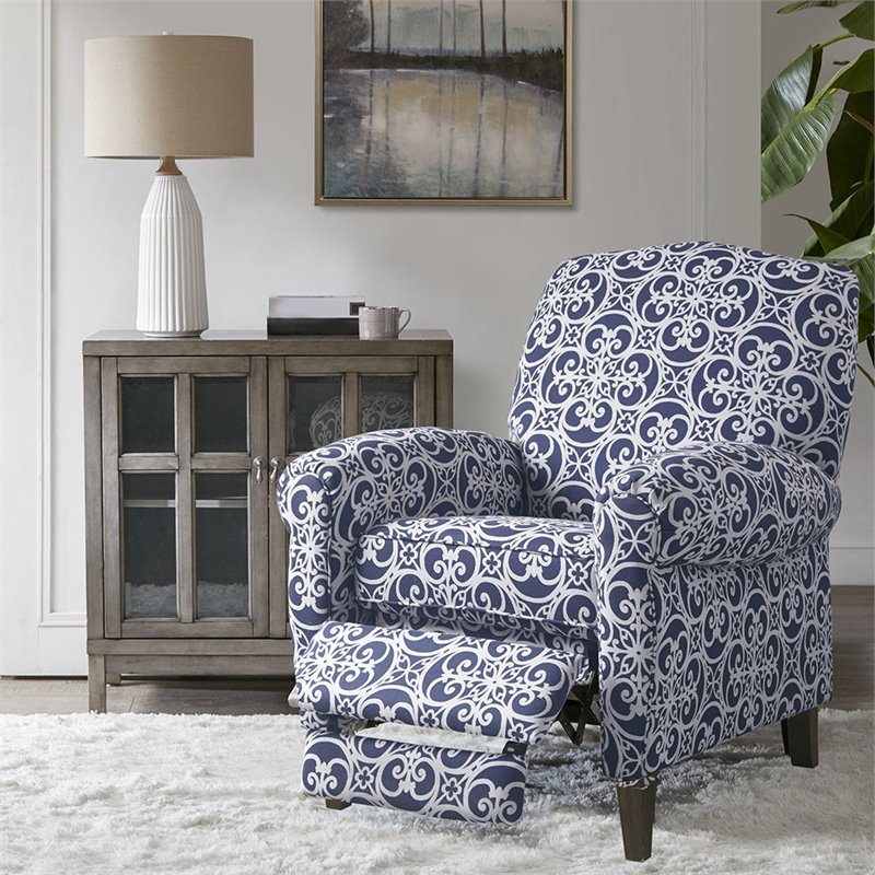 Madison Park Kirby Polyester Fabric and Solid Wood Push Back Recliner in Navy