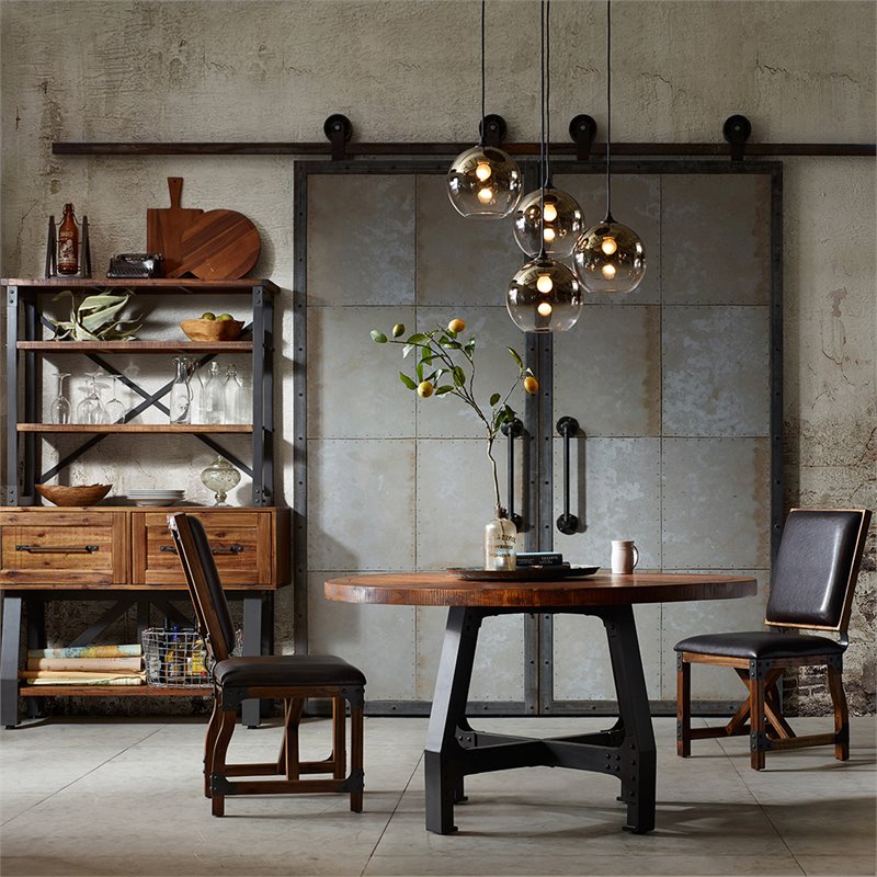 INK+IVY Lancaster Round Wood and Metal Dining Table in Amber Brown