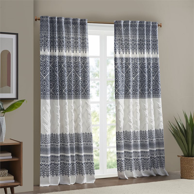 INK+IVY Mila Cotton Printed Window Curtain Panel with Lining in Navy