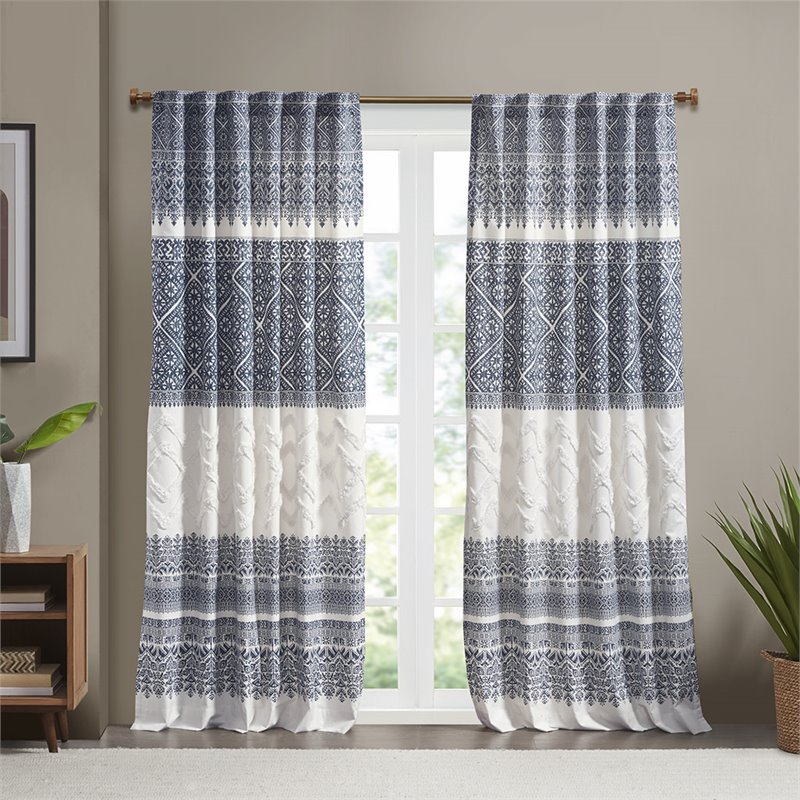 INK+IVY Mila Cotton Printed Window Curtain Panel with Lining in Navy