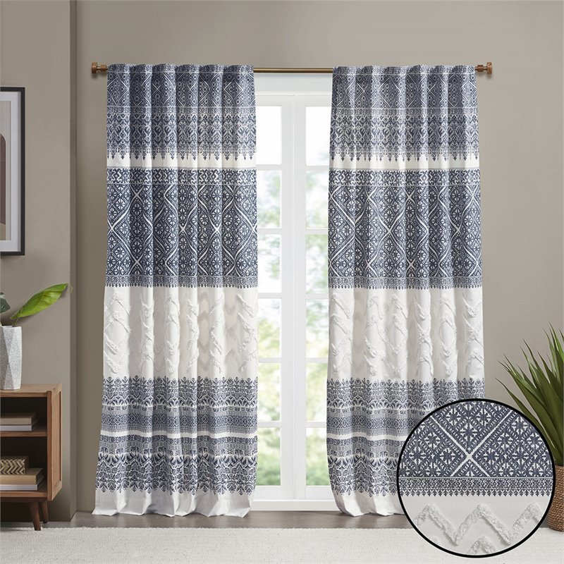 INK+IVY Mila Cotton Printed Window Curtain Panel with Lining in Navy
