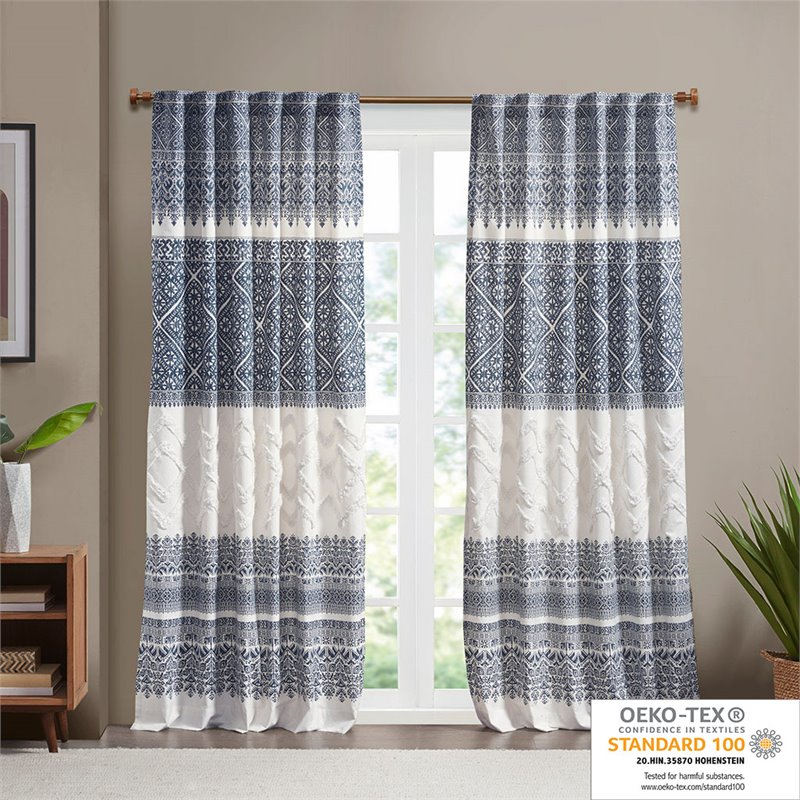 INK+IVY Mila Cotton Printed Window Curtain Panel with Lining in Navy