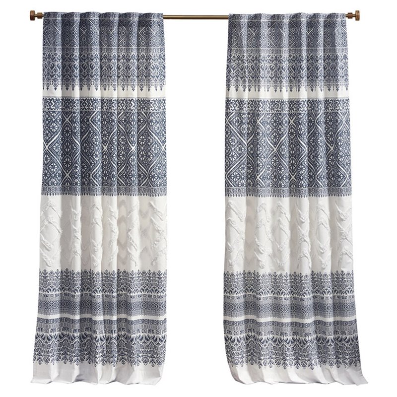 INK+IVY Mila Cotton Printed Window Curtain Panel with Lining in Navy