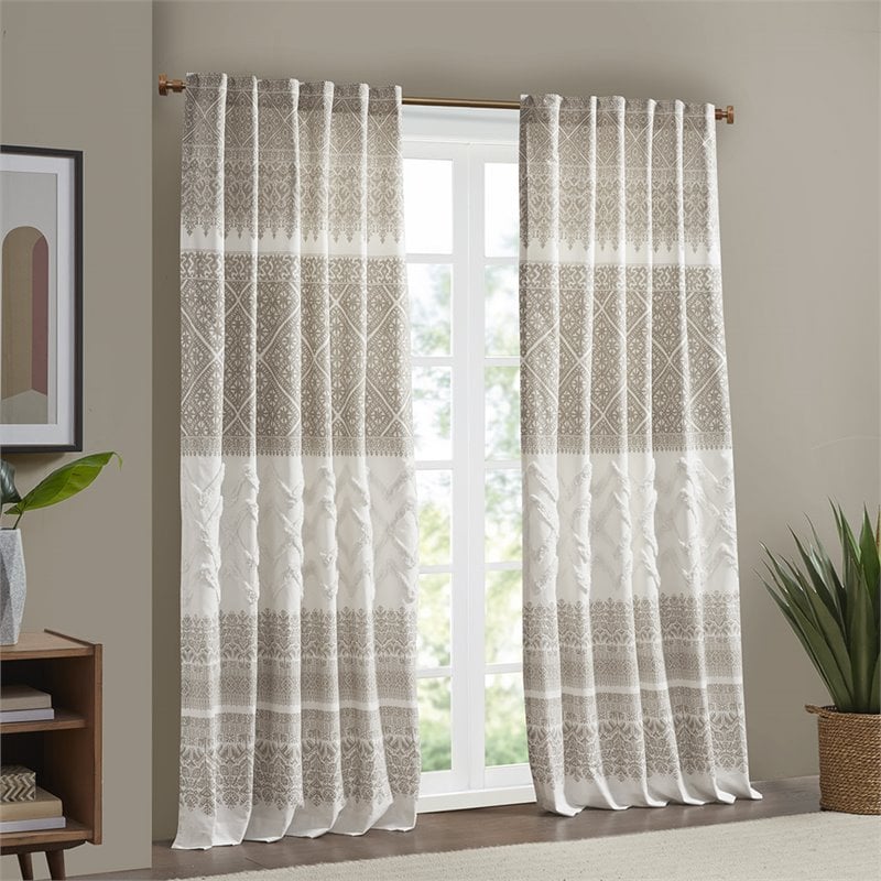 INK+IVY Mila Cotton Printed Window Curtain Panel with Lining in Beige