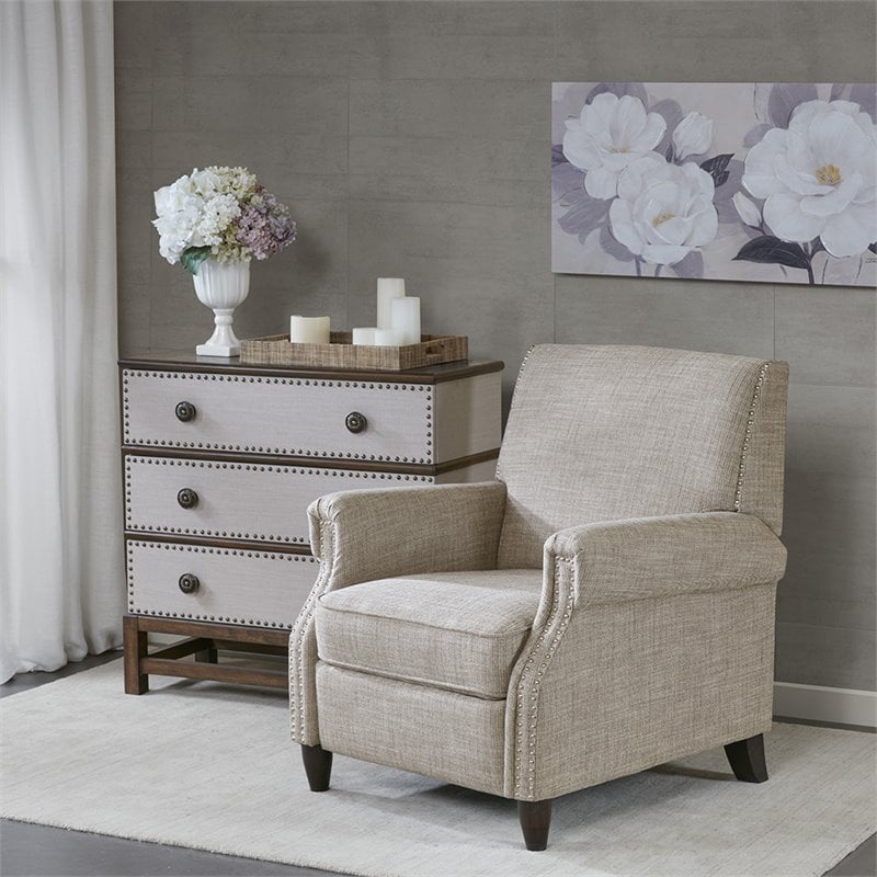 Madison Park Julian Polyester Fabric and Solid Wood Push Back Recliner in Beige