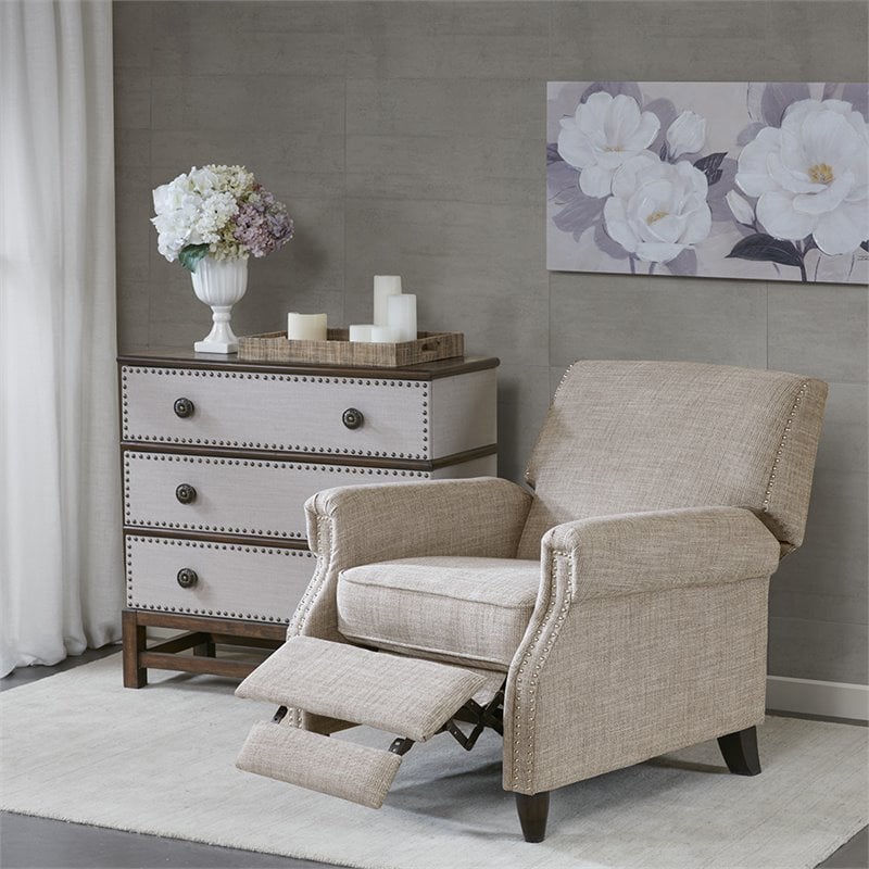 Madison Park Julian Polyester Fabric and Solid Wood Push Back Recliner in Beige