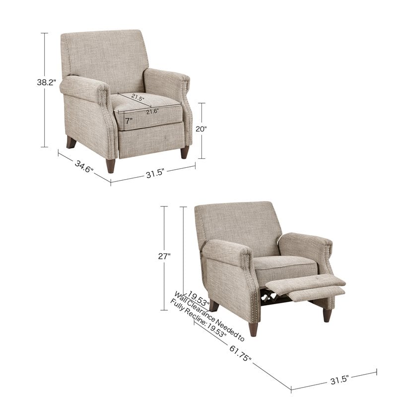 Madison Park Julian Polyester Fabric and Solid Wood Push Back Recliner in Beige