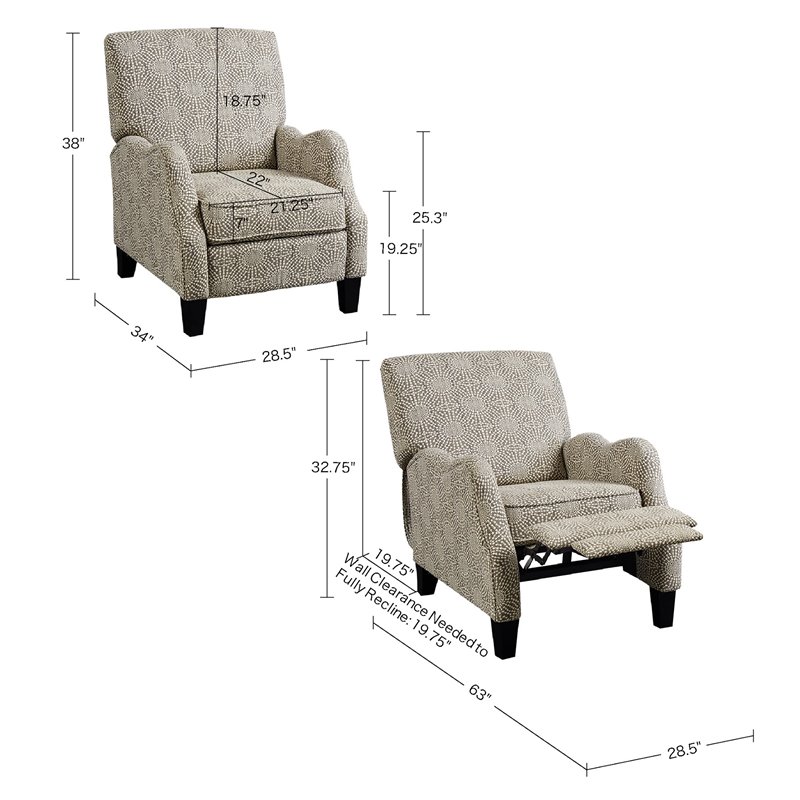 Madison Park Hoffman Polyester Fabric and Solid Wood Push Back Recliner in Beige