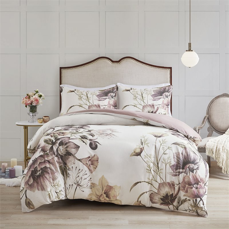 Madison Park Cassandra Cotton Percale Printed Full/Queen Duvet Cover Set - Pink