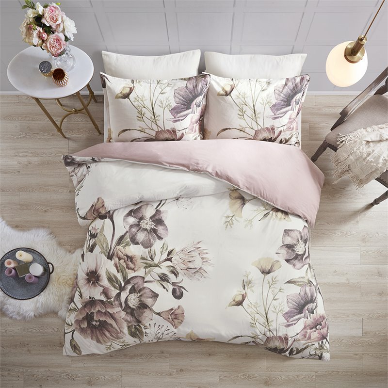 Madison Park Cassandra Cotton Percale Printed Full/Queen Duvet Cover Set - Pink