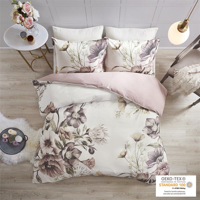 Madison Park Cassandra Cotton Percale Printed Full/Queen Duvet Cover Set - Pink