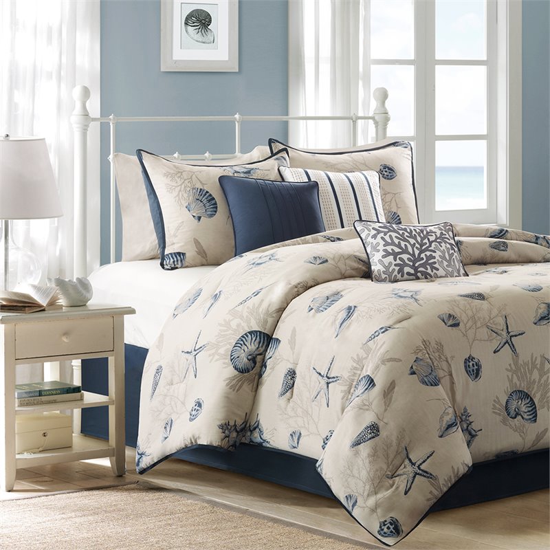 Madison Park Bayside 7-Piece 100 Percent Cotton Printed Comforter Set in Blue