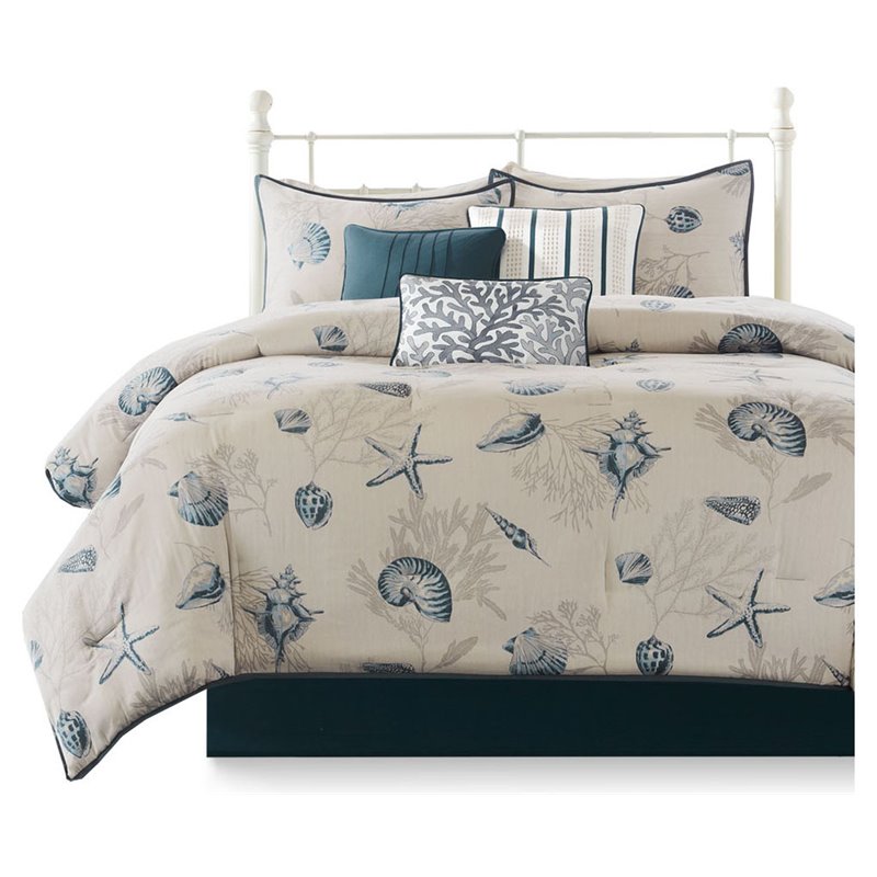 Madison Park Bayside 7-Piece 100 Percent Cotton Printed Comforter Set in Blue