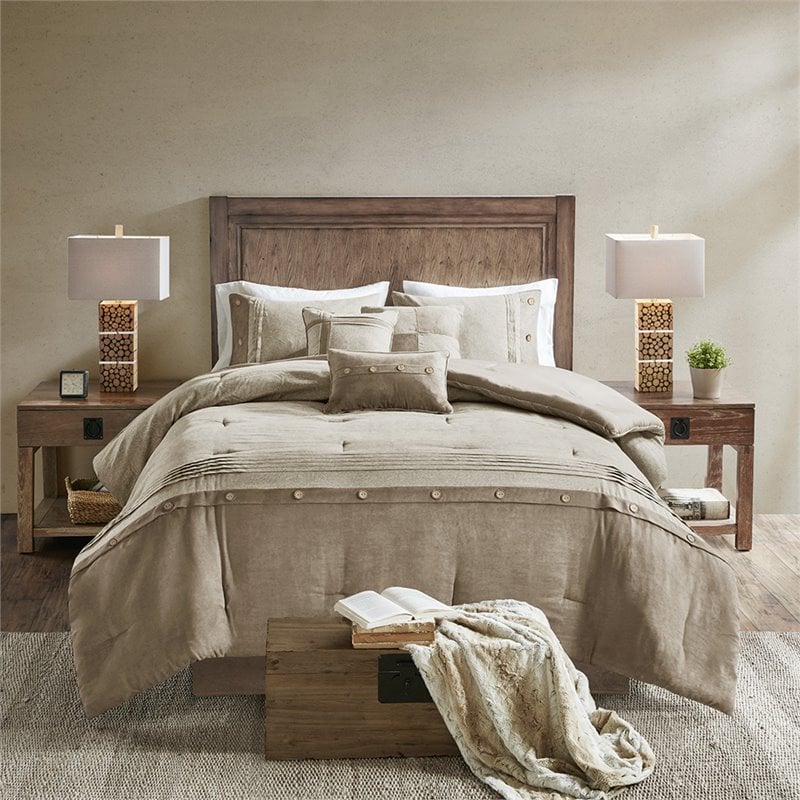 Madison Park Boone 7-Piece Polyester Microsuede Printed Comforter Set in Tan