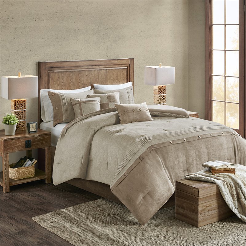 Madison Park Boone 7-Piece Polyester Microsuede Printed Comforter Set in Tan