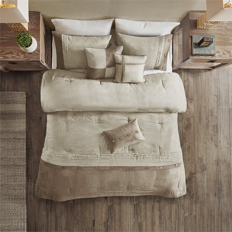 Madison Park Boone 7-Piece Polyester Microsuede Printed Comforter Set in Tan