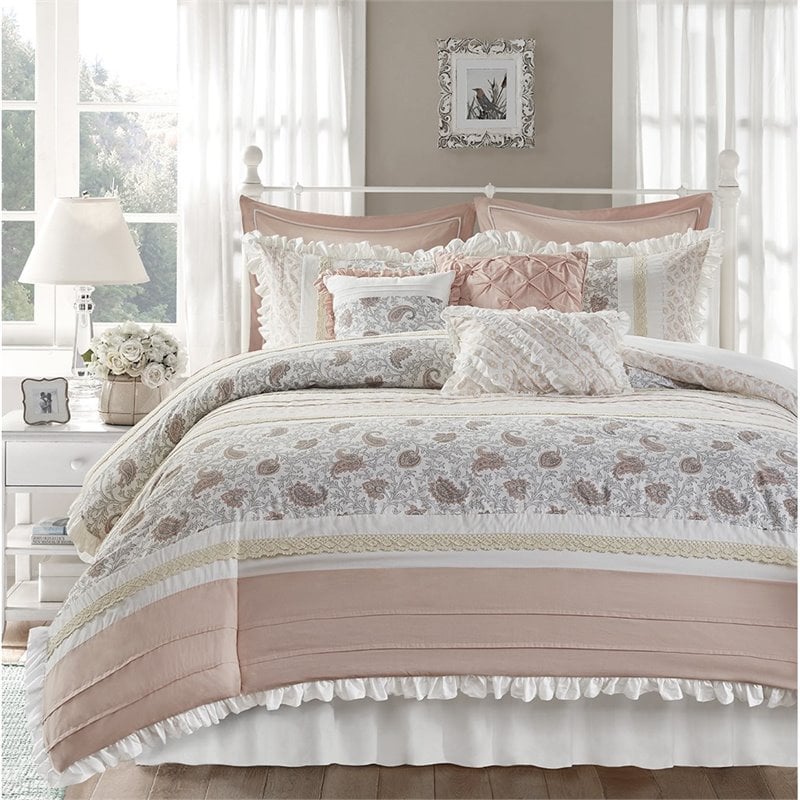 Madison Park Dawn 9-Piece Cotton T180 Printing Pieced Comforter Set in Pink