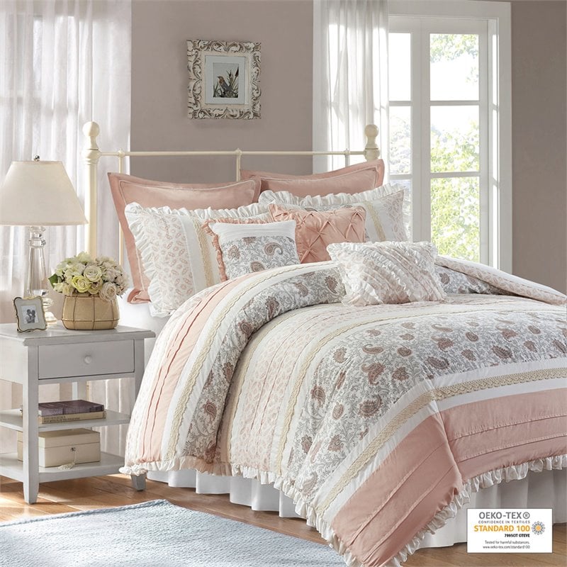 Madison Park Dawn 9-Piece Cotton T180 Printing Pieced Comforter Set in Pink