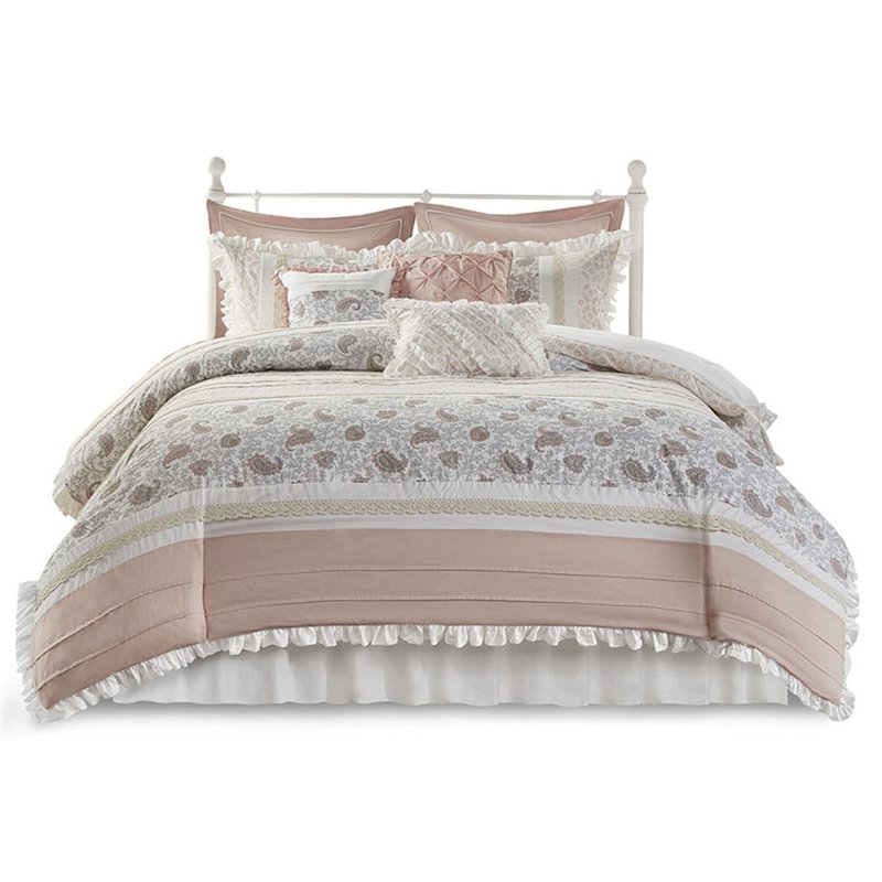Madison Park Dawn 9-Piece Cotton T180 Printing Pieced Comforter Set in Pink