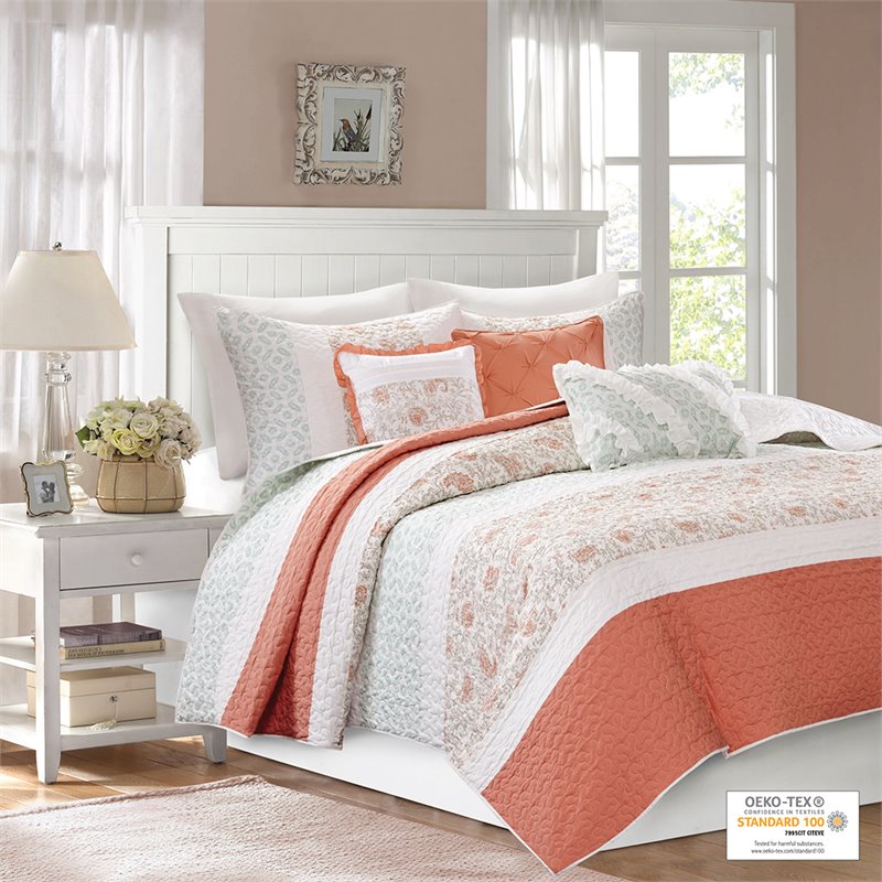 Madison Park 6-Piece 100 Percent Cotton Percale Printed Coverlet Set in Pink