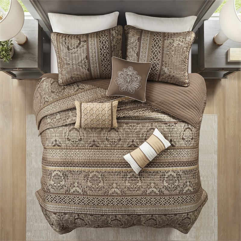 Madison Park Bellagio 6-Piece Polyester Jacquard Coverlet Set in Brown