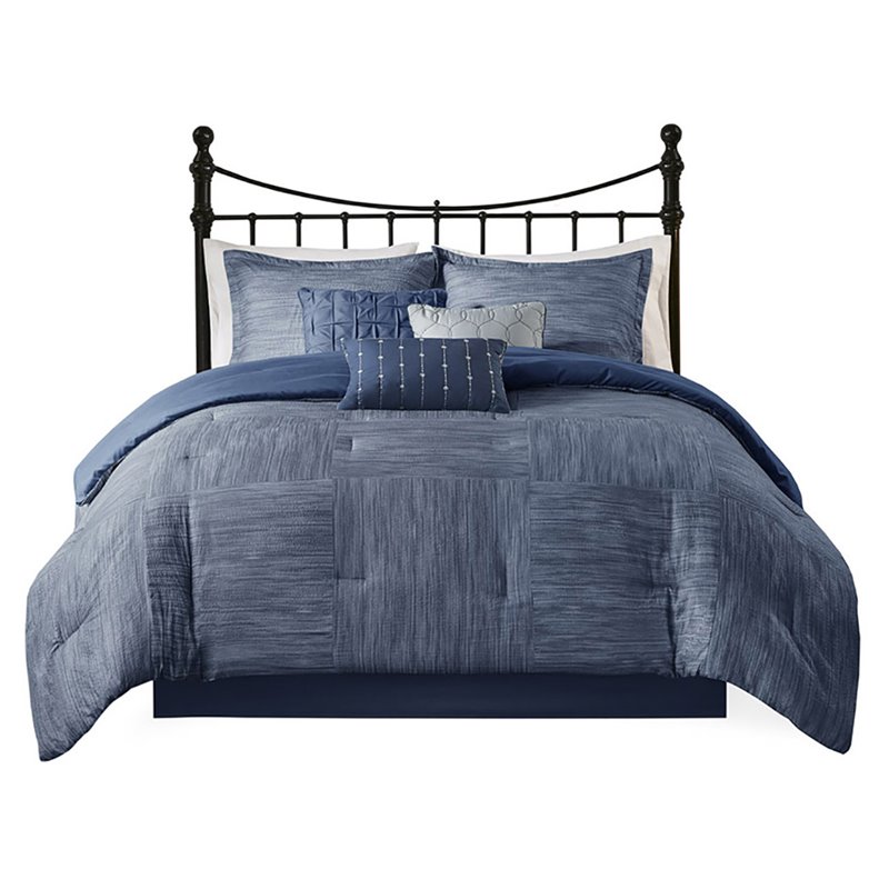 Madison Park Walter 7-Piece Polyester Printed Seersucker Comforter Set in Navy
