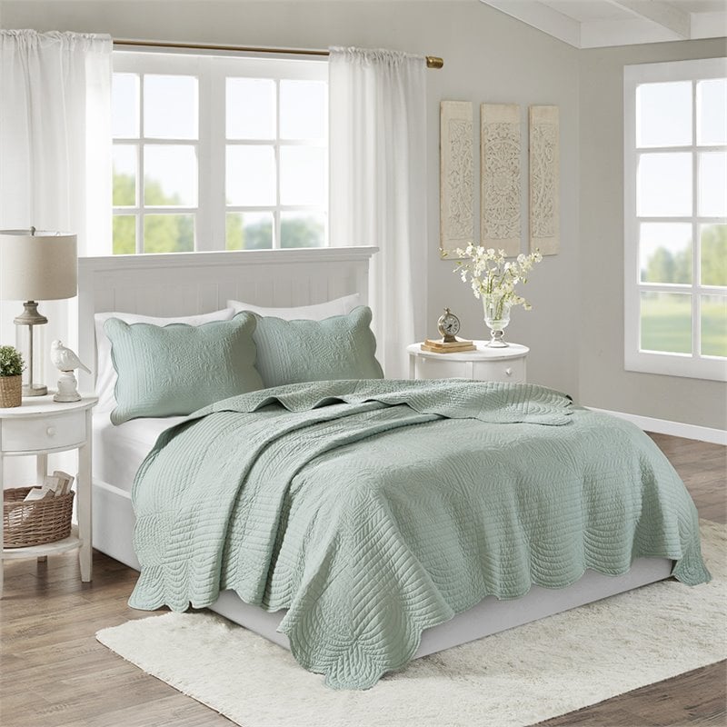 Madison Park Tuscany Polyester Microfiber Solid Brushed Coverlet Set in Green