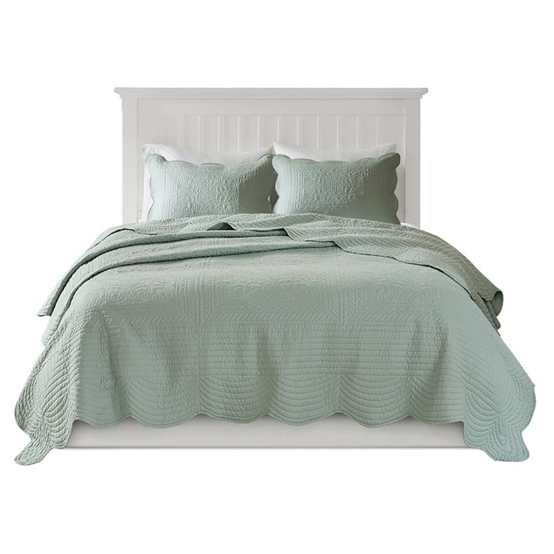 Madison Park Tuscany Polyester Microfiber Solid Brushed Coverlet Set in Green