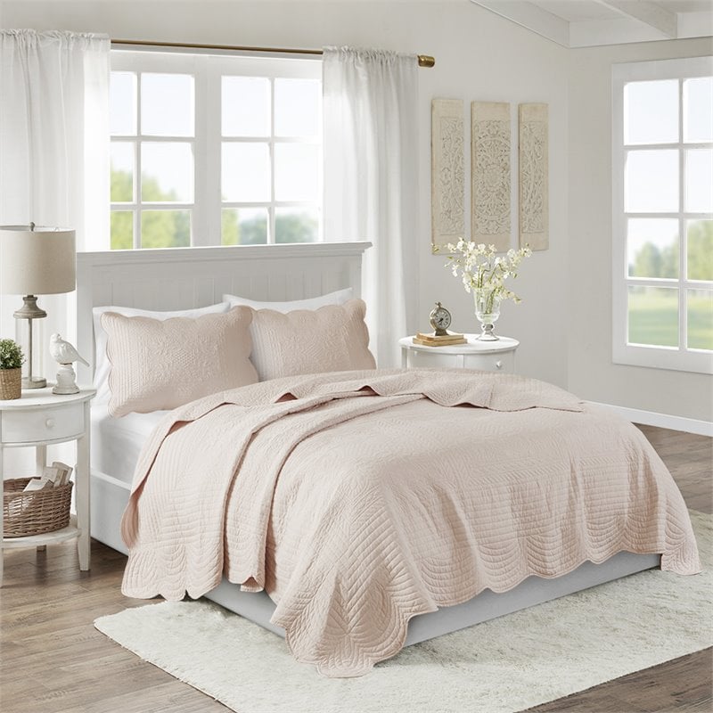 Madison Park Tuscany Polyester Microfiber Solid Brushed Coverlet Set in Pink
