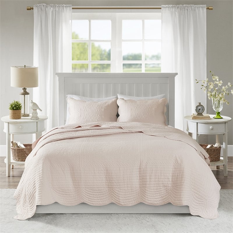 Madison Park Tuscany Polyester Microfiber Solid Brushed Coverlet Set in Pink