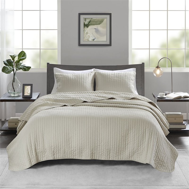Madison Park Keaton 100 Percent Polyester Microfiber Coverlet Mini Set in Cream