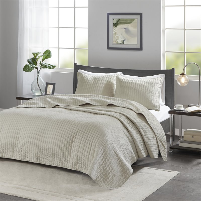Madison Park Keaton 100 Percent Polyester Microfiber Coverlet Mini Set in Cream