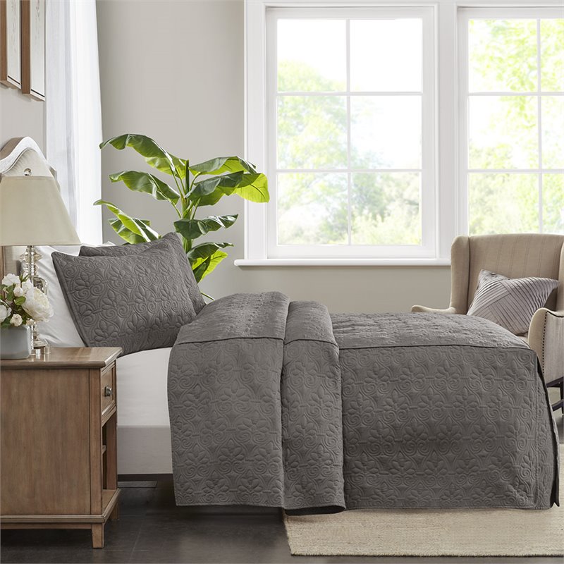 Madison Park Traditional 100 Percent Polyester Fitted Bedspread in Gray