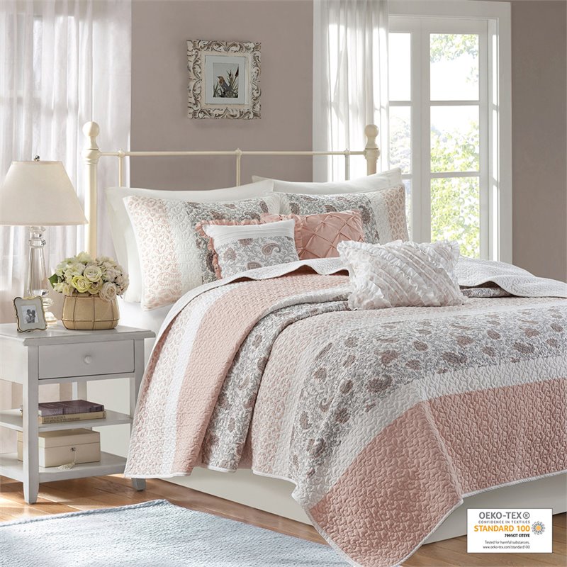 Madison Park 6-Piece 100 Percent Cotton Printing Pieced Coverlet Set in Pink