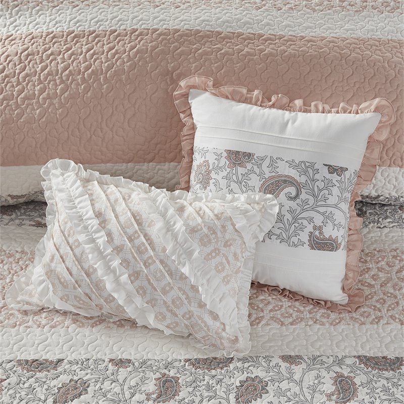 Madison Park 6-Piece 100 Percent Cotton Printing Pieced Coverlet Set in Pink