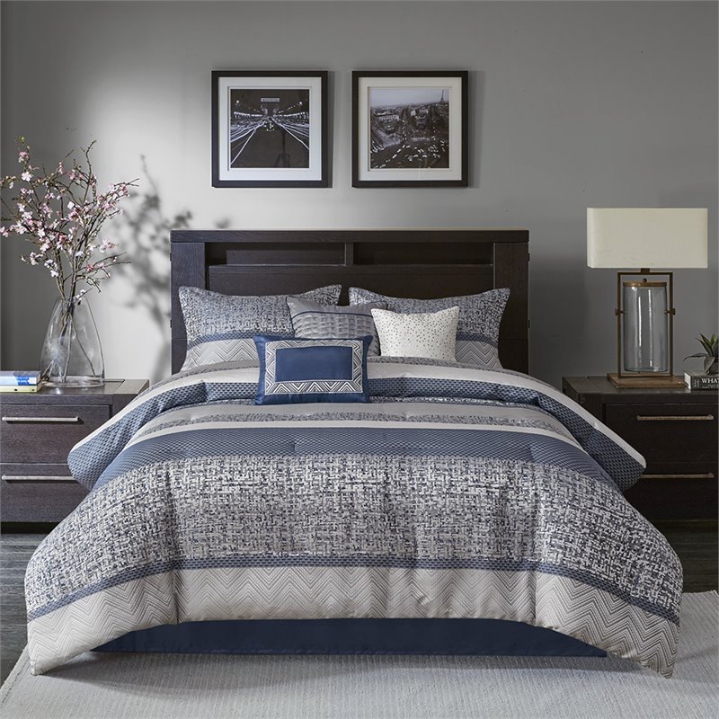 Madison Park Rhapsody 7-Piece Polyester Jacquard Comforter Set in Navy Finish