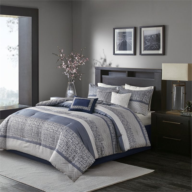 Madison Park Rhapsody 7-Piece Polyester Jacquard Comforter Set in Navy Finish
