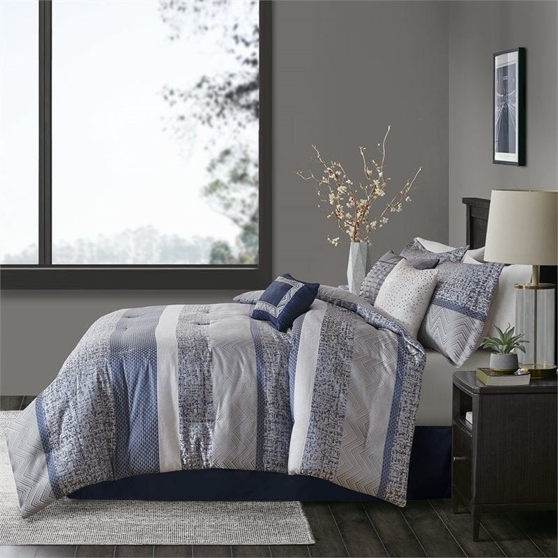 Madison Park Rhapsody 7-Piece Polyester Jacquard Comforter Set in Navy Finish