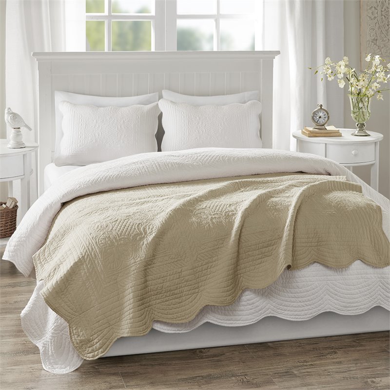 Madison Park Microfiber Oversized Quilted Throw with Scalloped Edges in Brown