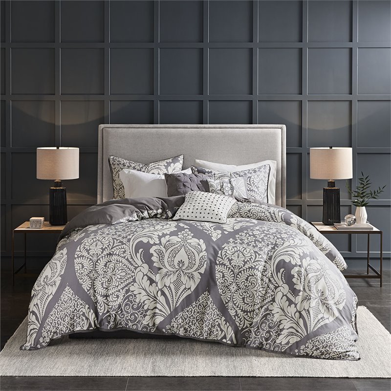 Madison Park Vienna 6-Piece Cotton Printed King/Cal King Duvet Set in Gray