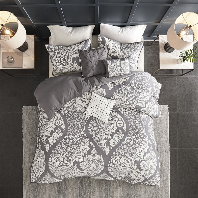 Madison Park Vienna 6-Piece Cotton Printed King/Cal King Duvet Set in Gray