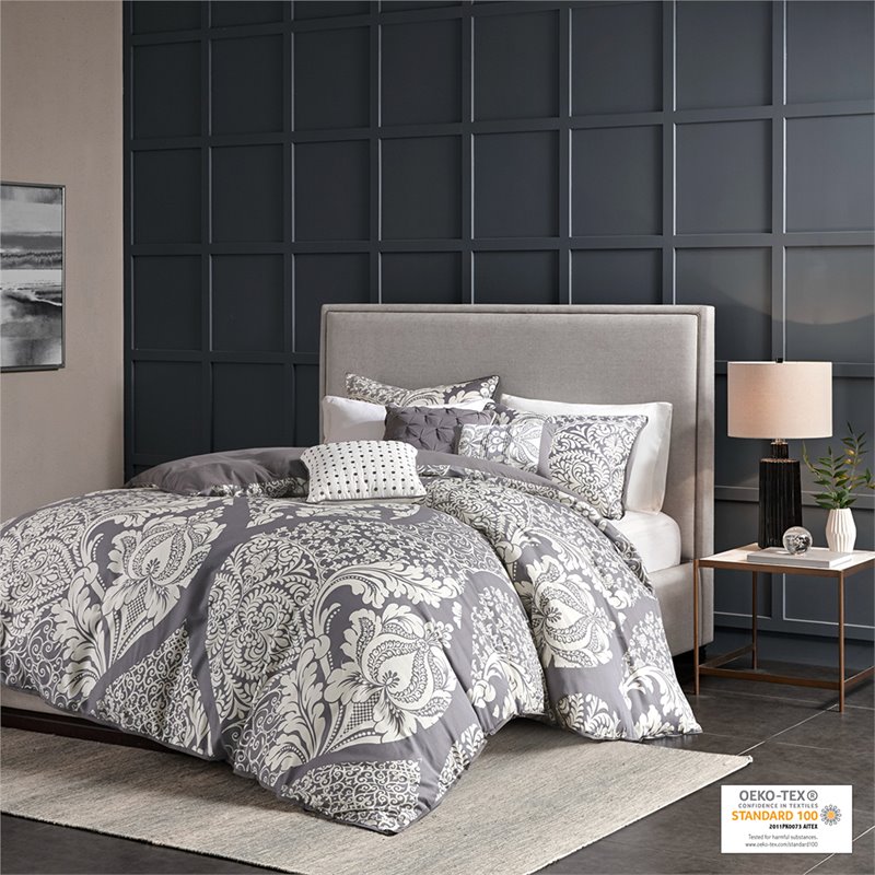 Madison Park Vienna 6-Piece Cotton Printed King/Cal King Duvet Set in Gray