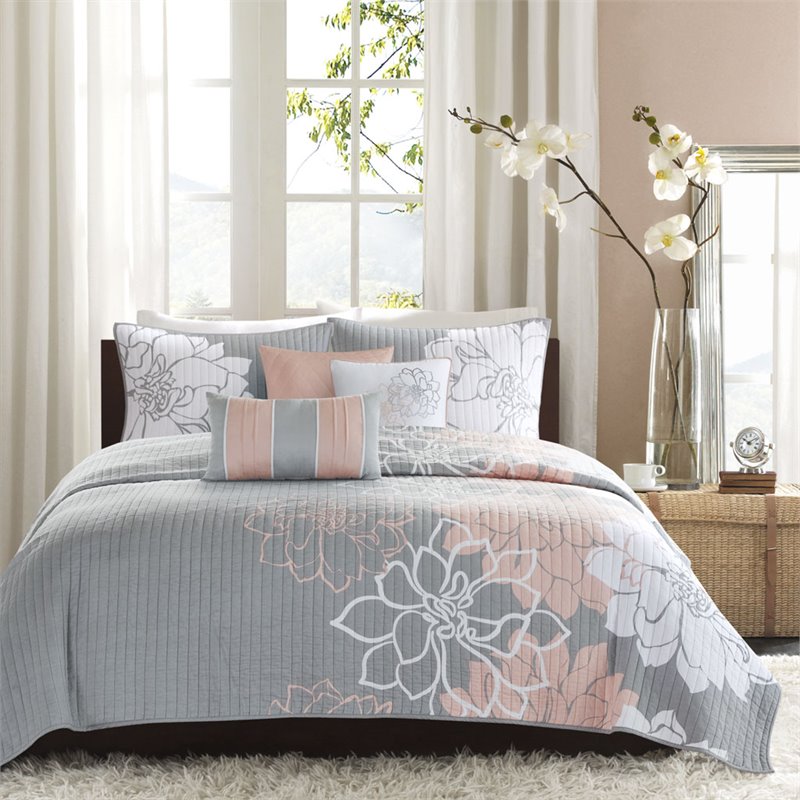 Madison Park Lola 6-Piece 100 Percent Cotton Sateen Printed Coverlet Set in Gray