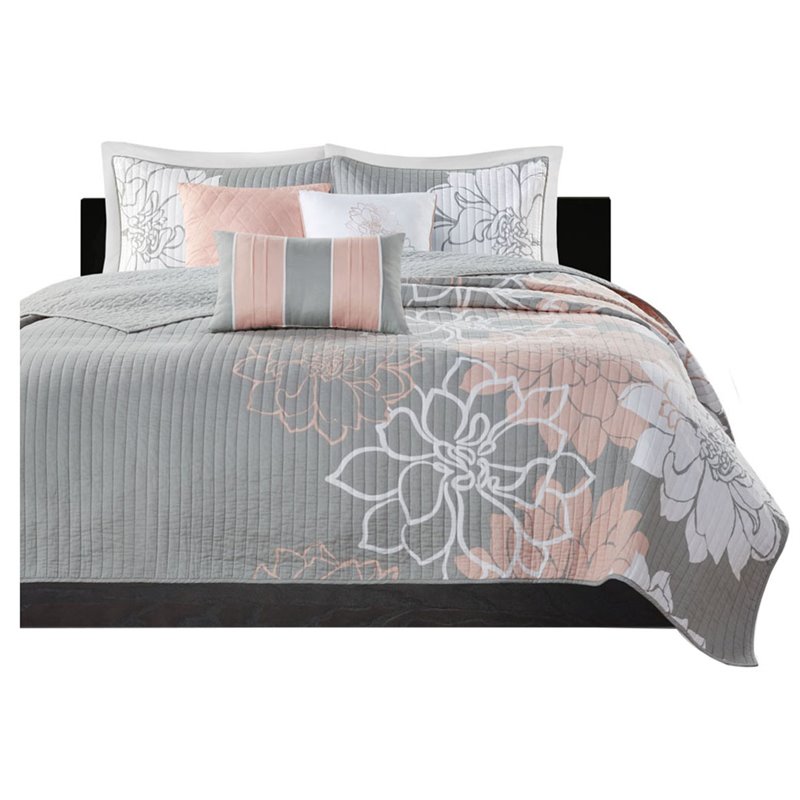 Madison Park Lola 6-Piece 100 Percent Cotton Sateen Printed Coverlet Set in Gray