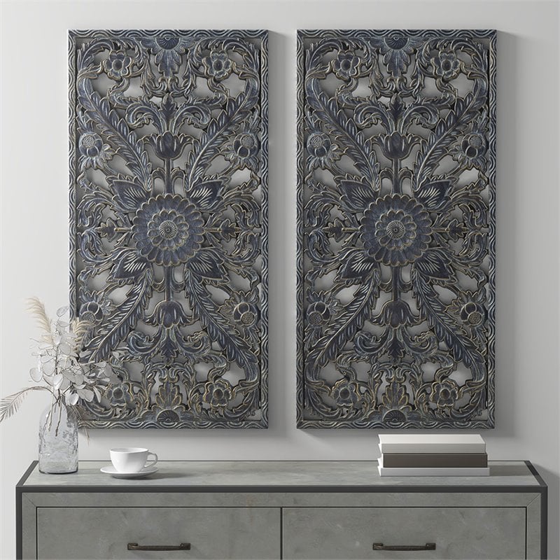 Madison Park MDF Botanical Panel Carved Wall Panel in Blue (Set of 2)