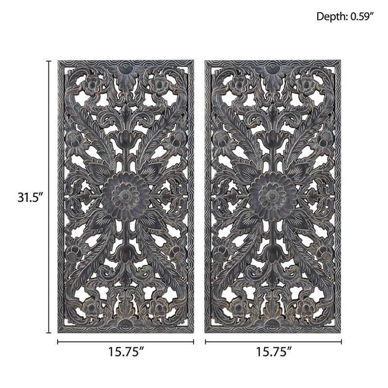 Madison Park MDF Botanical Panel Carved Wall Panel in Blue (Set of 2)